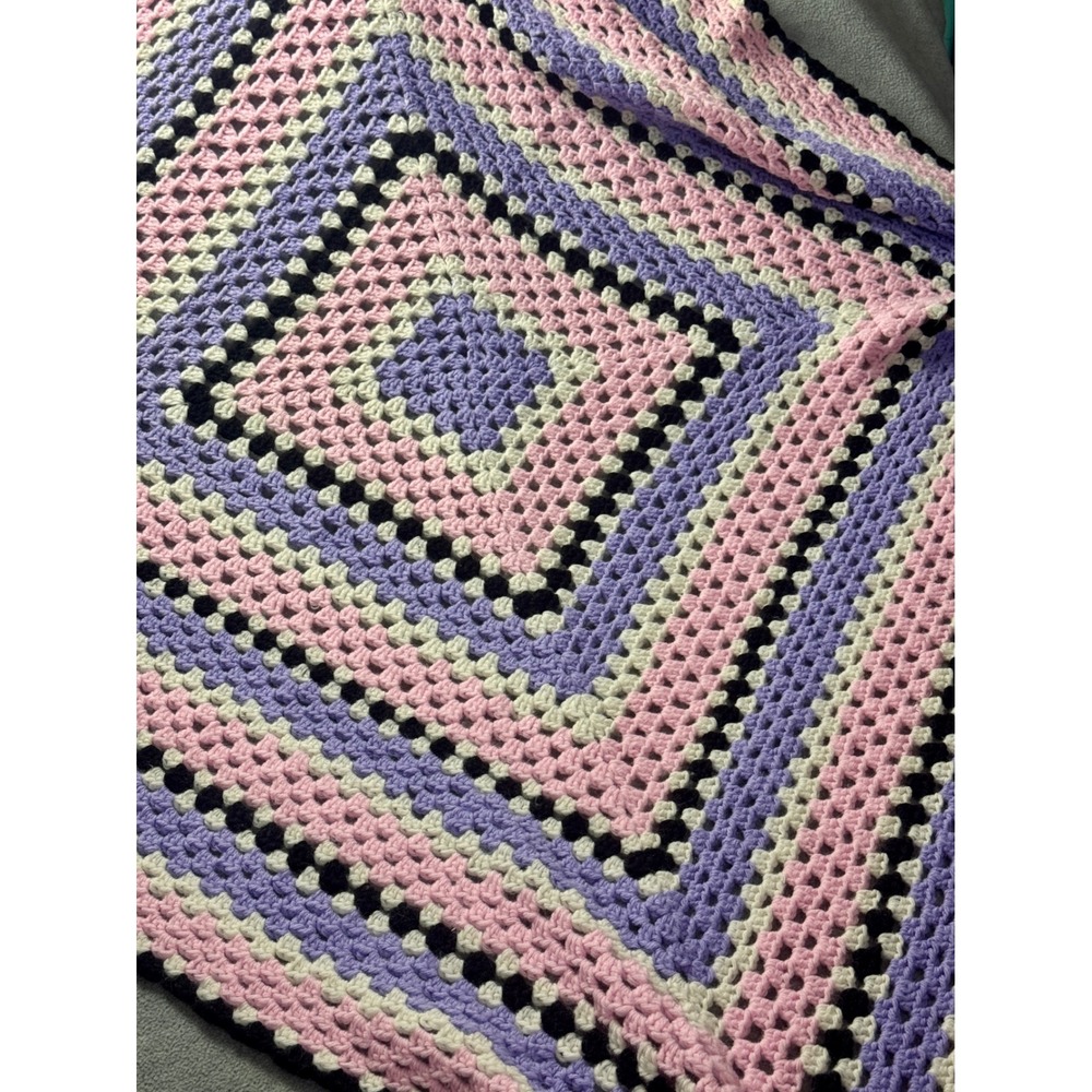 Handmade Crochet Granny Square Blanket Purple Pink White Black Lap Throw 22x28